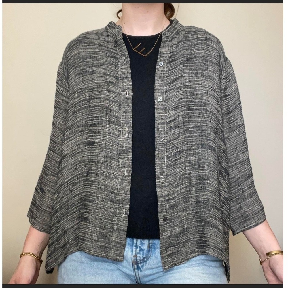 Eileen Fisher Mandarin Collar Shirt L Gray Organic Linen Blend 3/4 Sleeve Boxy